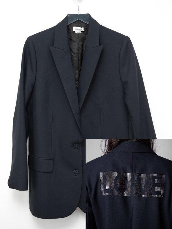 Zadig & Voltaire Jackets & Blazers - Zadig & Voltaire Viva Strass Blazer Love Rhinestone Applique Now Navy Blue Sz 42